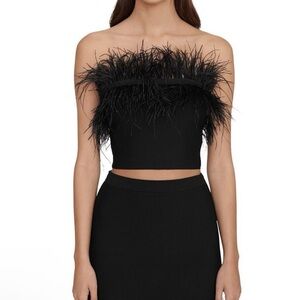 NWT STAUD Nellie Feather-Trim Bandeau Top L Black Ostrich Strapless Crop Party